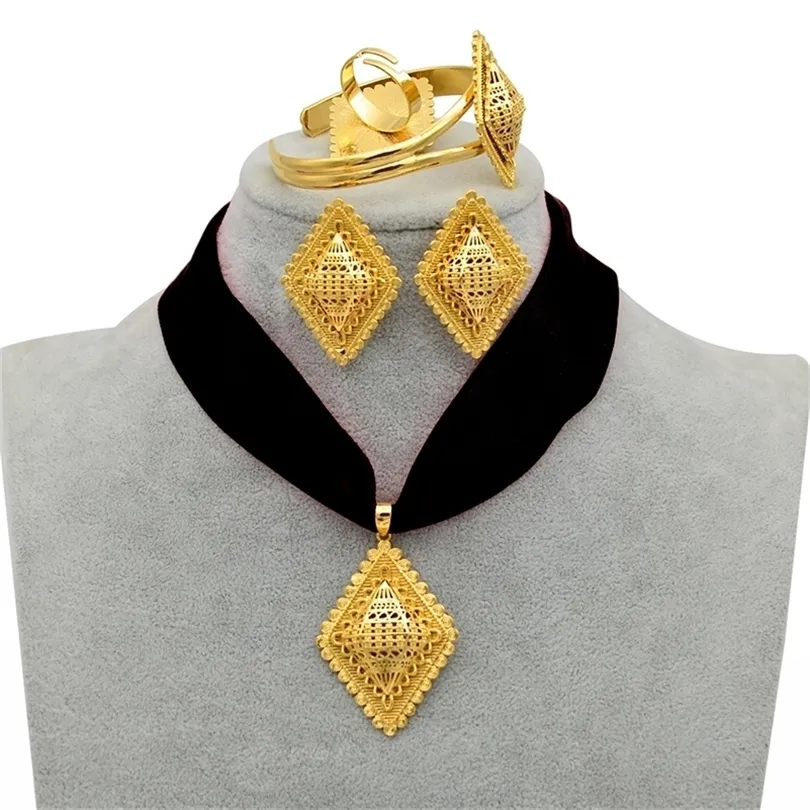 Anniyo diy Seil Äthiopischer Schmuck Set Anhänger Halsketten Ohrringe Armreifen Ring Gold Farbe Eritrea Habesha Schmucksets #218406 201222222