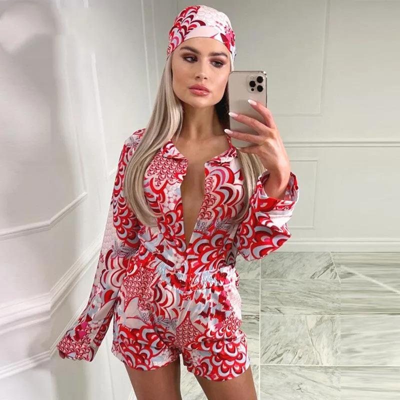 Women's Tracksuits Summer Print Women's Suit Single Breasted Shirt Elastic Waist Shorts Bandana Suits Female Loose Casual Ladies Clothes