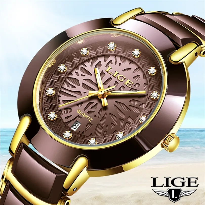 LIGE Women Watches Top Brand Luxury Ladies Quartz Clocks Waterproof Wristwatch Fashion Women Watch Men Ceramic Watch Lovers 201114