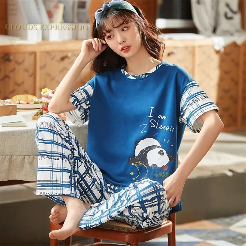 Spring Autumn Knitted Cartoon Cotton Lady Women Pajama Sets Animal Print Sleep Lounge Casual Style Pajamas Women's Fashion Set 220511