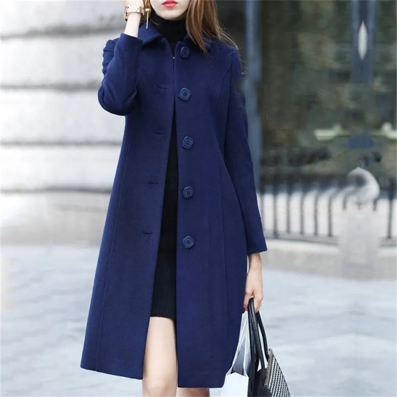 Lucyever Fashion British Solid Button Woolen Coat Women Plus Size Long Sleeve Coats Woman Elegant Pocket Slim Outwear Mujer 201221