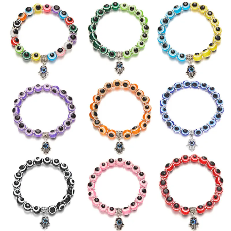 Multicolor Rosa Azul Evil Eyes Beads Hamsa Hand Charm Pulseras Deseando Cuerda Elástica Cadena Resina Bead Bracelet Para Mujer Joyería Regalo