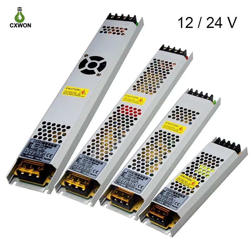 Ultratunn LED-strömförsörjning DC 12V 24V Ljustransformatorer 60W 100W 150W 200W 300W 400W 500W AC180-260V Drivrutin för Strip Reklamljus