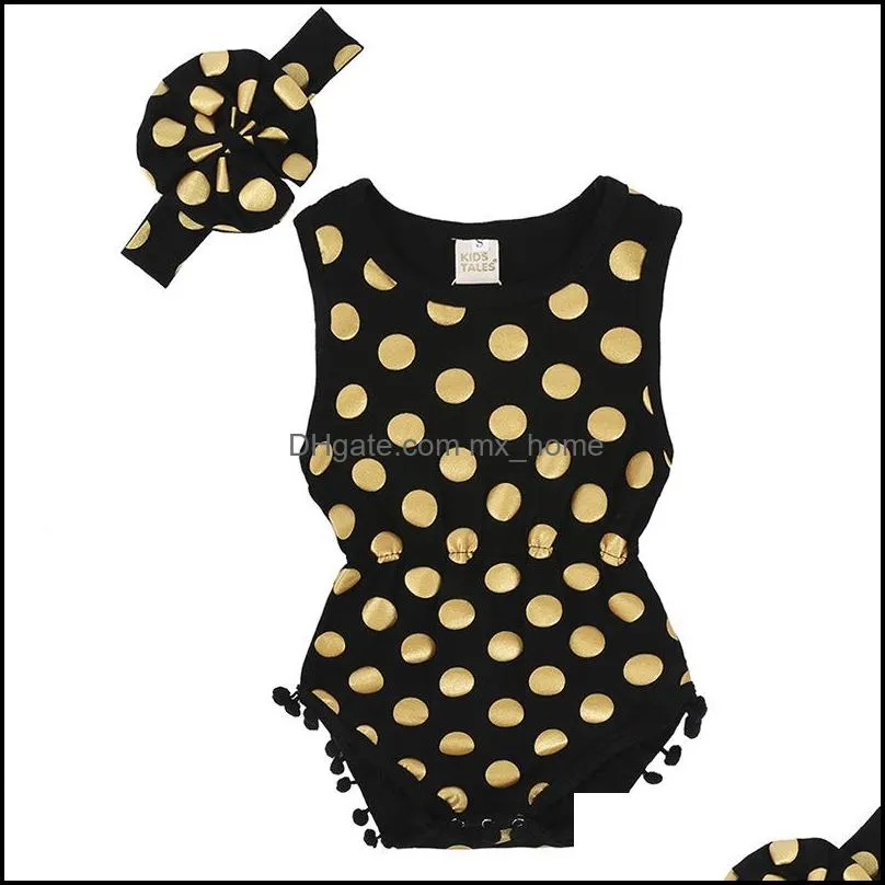kids rompers girls bronzing dots romper infant toddler sleeveless pompom jumpsuit with headband summer fashion baby climbing clothes