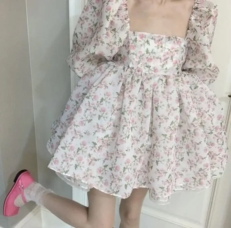Casual Dresses Square Neck Floral Doll Puffy Princess Dress Women Ball klänning Puff Sleeve Y2K Robe Mesh Chiccasual