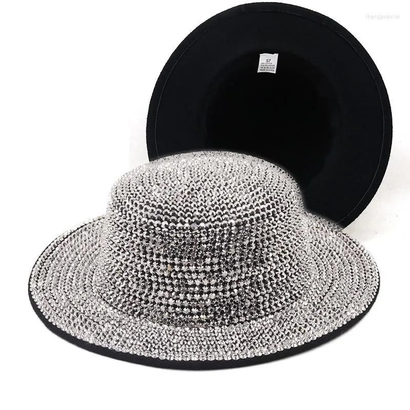 Beretten Volledige diamant verstelbare platte top Fedora hat bling Rhinestone Panama vrouwen mannen breder vilt jazzhoeden groothandel zomer winterberetten