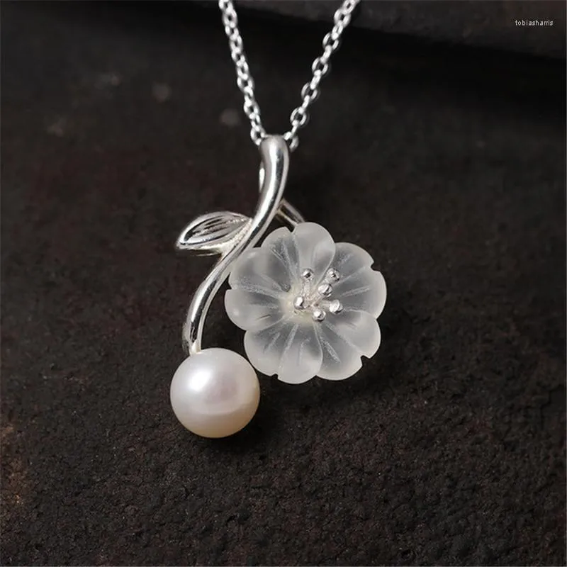 Hanger kettingen Real 925 sterling zilveren handgemaakte ontwerper fijne sieraden witte natuurlijke parel gedelateerde pruimenbloesem bloem ketting voor vrouwen