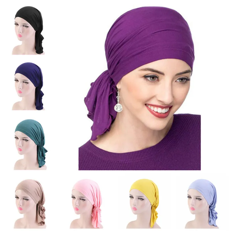 Solid Color Baotou Cap Elastic Modal Turban Ruffled Head Wrap Pirate Hat Outdoor Sport Wrapped Headband Women Girls Chemo Bandanas 11 Colors Prevent Hair Loss