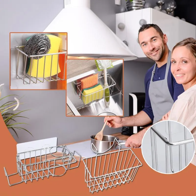 Küchenaufbewahrungsorganisation Hängender Waschbecken-Organizer Schwammhalter Selbstklebender Caddy Edelstahl Spülmittelregal ShelfKitchen