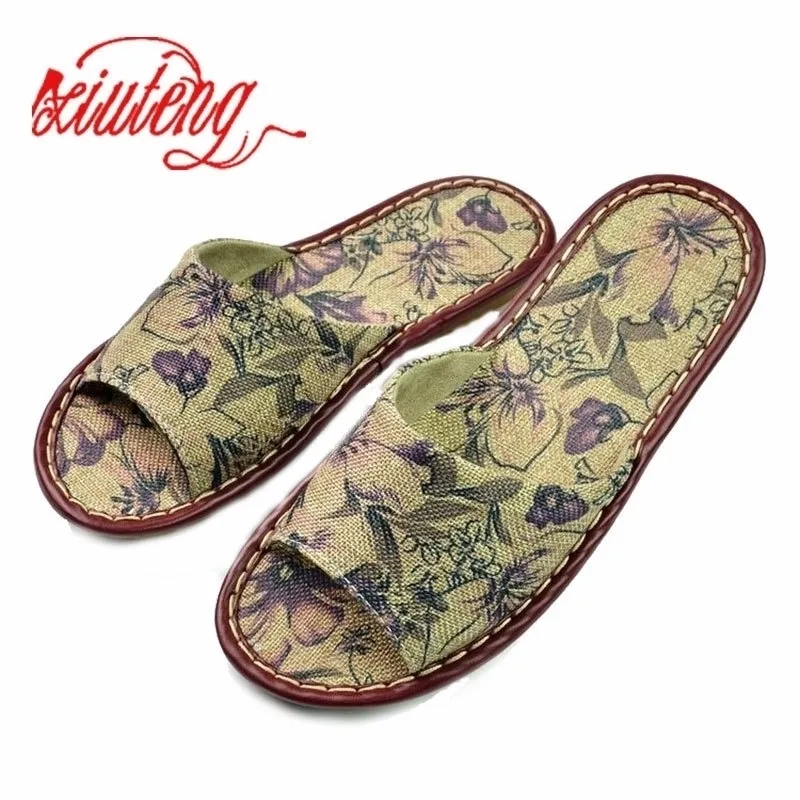 Gedrukte linnen slippers voor familie zomer koe spier zware dames sandalen indoor vloer slip huis platte schoenen y200423