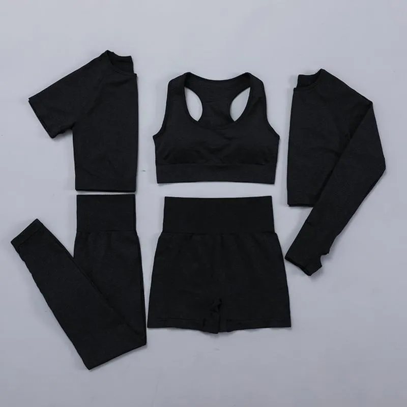 Conjunto de Yoga sin costuras para mujer, conjunto de entrenamiento, gimnasio, manga larga, Top corto de Fitness, mallas de cintura alta, ropa deportiva, trajes de Yoga