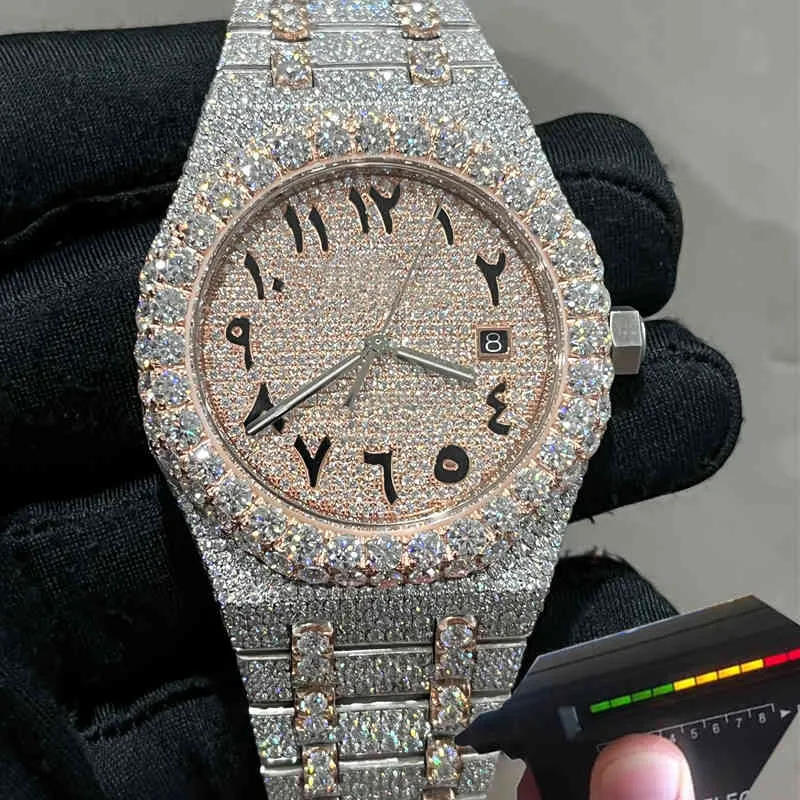 Grote Moissanite Stenen Horloge Pass Test Bloem Bezel Automatische Top Kwaliteit Mannen Luxe Volledige Iced Out Saffier Diamanten Horloges