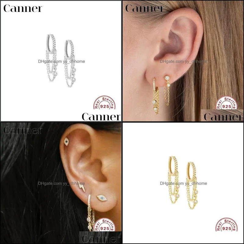 Canner Huggie Earrings For Women Chain Sterling Silver Dangle Tassel Earings Crystal CZ Jewelry Pendientes Plata 925 W5 Hoop &