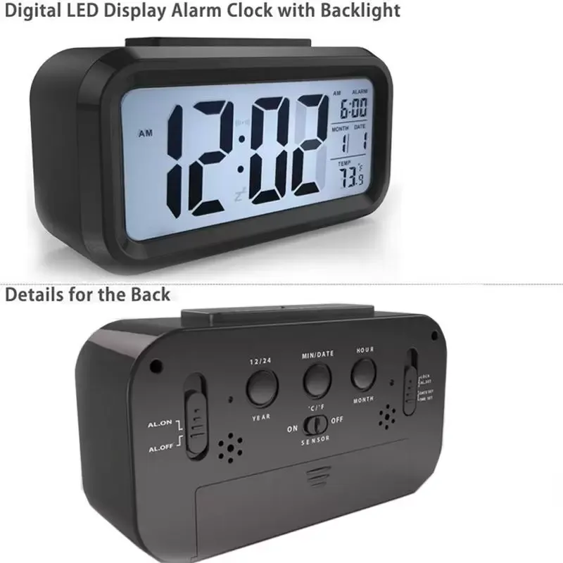 Plastic Mute Alarm Clock LCD Smart Clock Temperature Cute Photosensitive Bedside Digital Alarm Clock Snooze Nightlight Calendar C0524W25