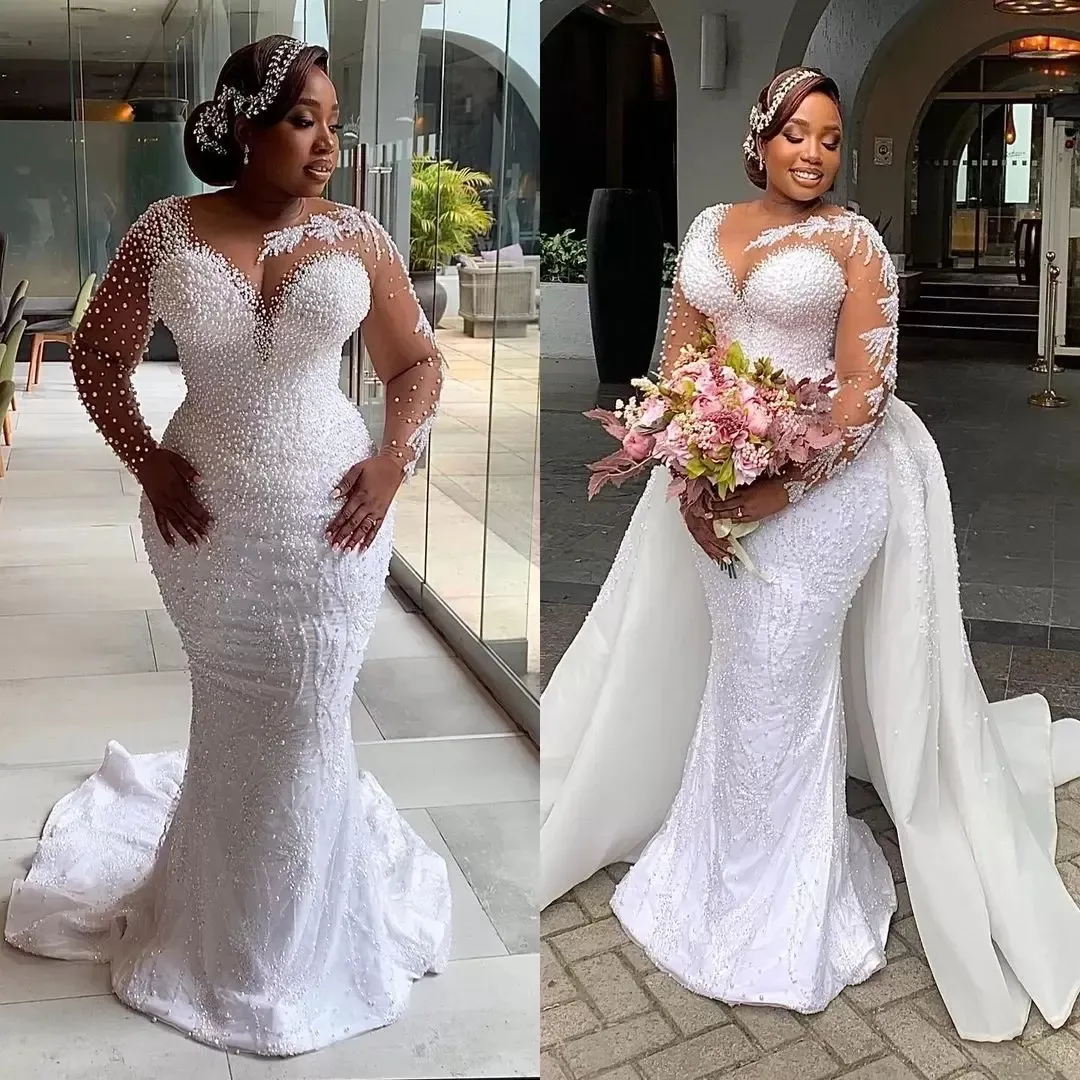 Luxury Mermaid 2024 Wedding Dress with Detachable Train Pearls Beaded Long Sleeve Bridal Gowns Plus Size White Satin