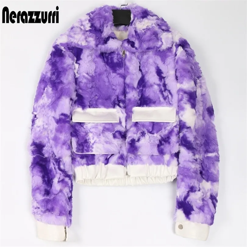 Nerazzurri autumn winter short colorful warm cropped faux fur jacket women long sleeve zipper pockets Fluffy furry jacket women 201016