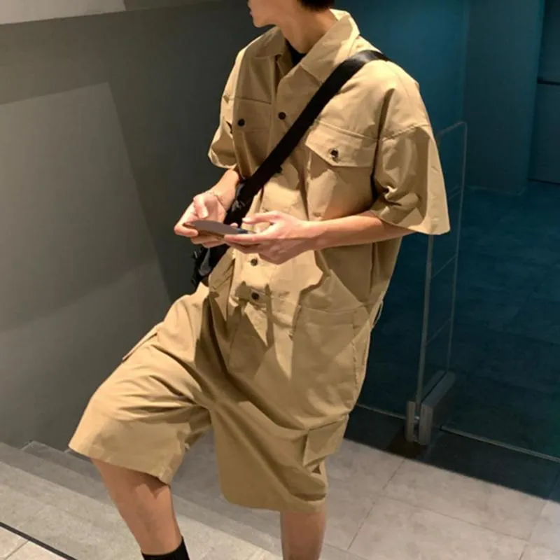 Men's Pants Male Fashion With Leather Belt Men Romper Cargo Jumpsuit Bag Breathable Vintage Bib Solid Color Pockets Overalls For SummerMen's