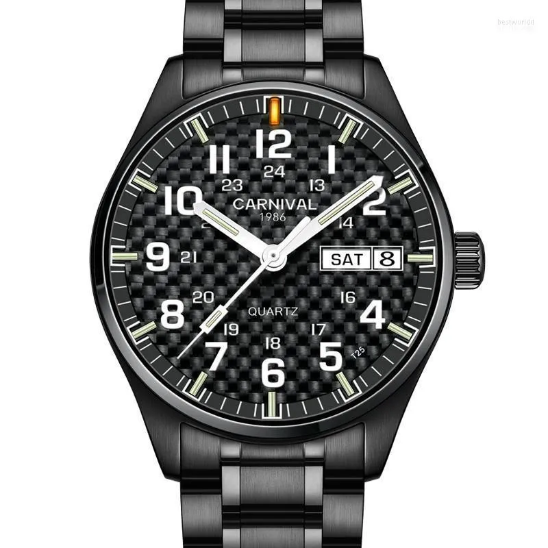 Relógios de pulso Carnaval Top Quartz Watch Men T25 Tritium masculino luminoso preto Aço de aço à prova d'água RELOJES