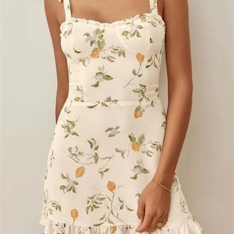 여름 프랑스 스타일의 빈티지 잔디 꽃 인쇄 붕대 넥타이 바이 스트랩 주름 밑단 짧은 드레스 레트로 섹시한 여자 슬링 드레스 220517