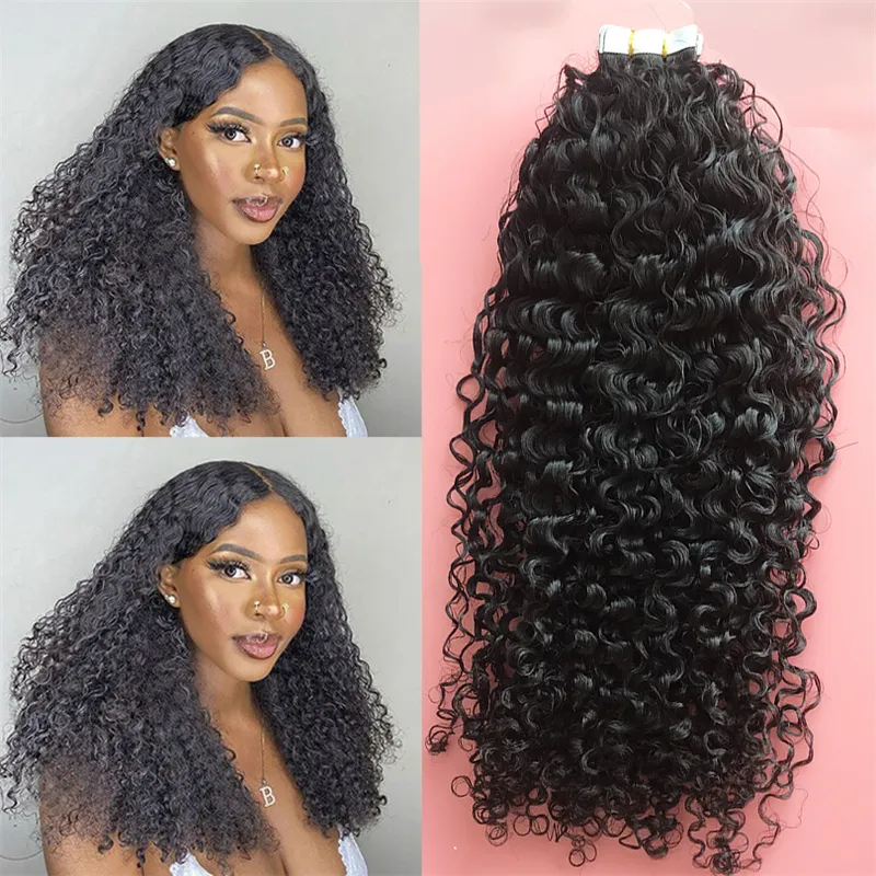 12a Deep Wave Curly Tape in Maleisische menselijke haaruitbreidingen 20 pc's natuurlijke kleur huid inslag 14-30 inch lijm lijm op