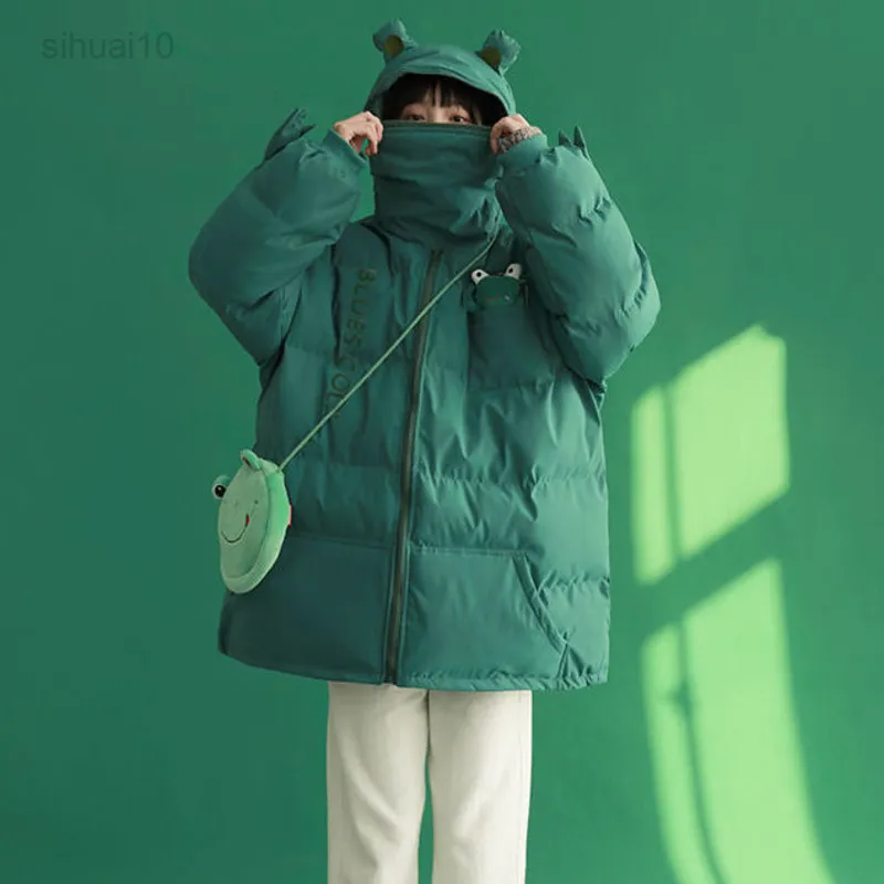 Y2K Ragazza Divertente Rana Verde Imbottito Abbigliamento Donna Inverno Cartone Animato Simpatico Peluche Caldo Nuovo Puff Giacca Con Cappuccio Parka Giapponese Kawaii C L220725