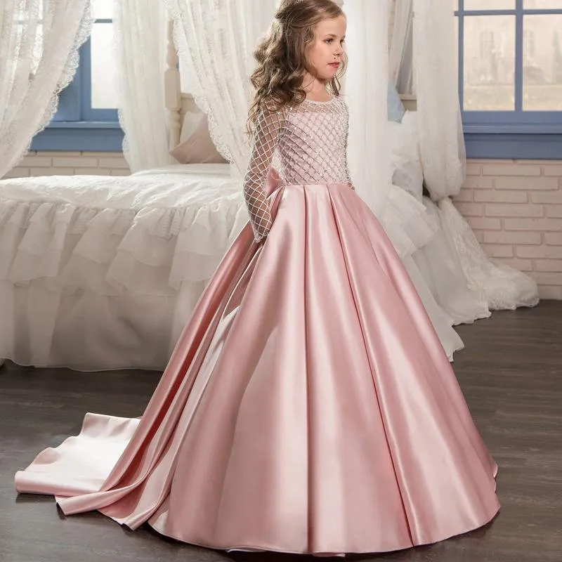 Girl's Dresses High Quality Children's Dress Girl's Long Sleeved Backless Lace Satin Bow Lovely Tail Princess Girl DressGirl's