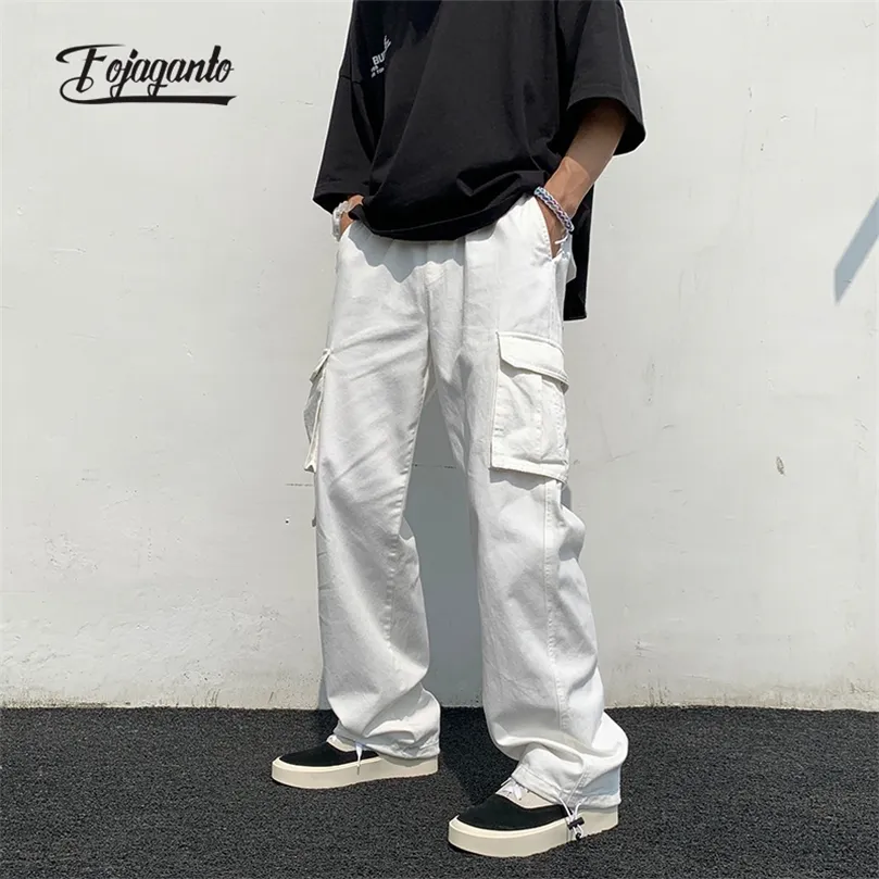FOJAGANTO printemps hommes Cargo pantalon coréen couleur unie multipoches pantalon droit Hip Hop rue pantalon ample décontracté mâle 220704