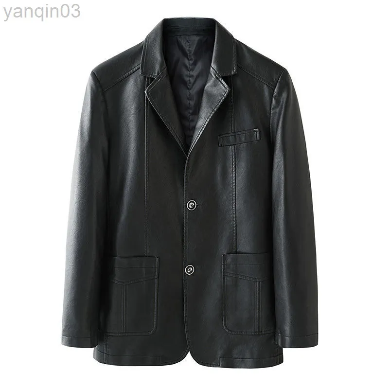 Idopy automne nouveau à manches longues hommes Faux cuir veste boutons Blazer col affaires veste décontractée grande taille l-6XL L220801