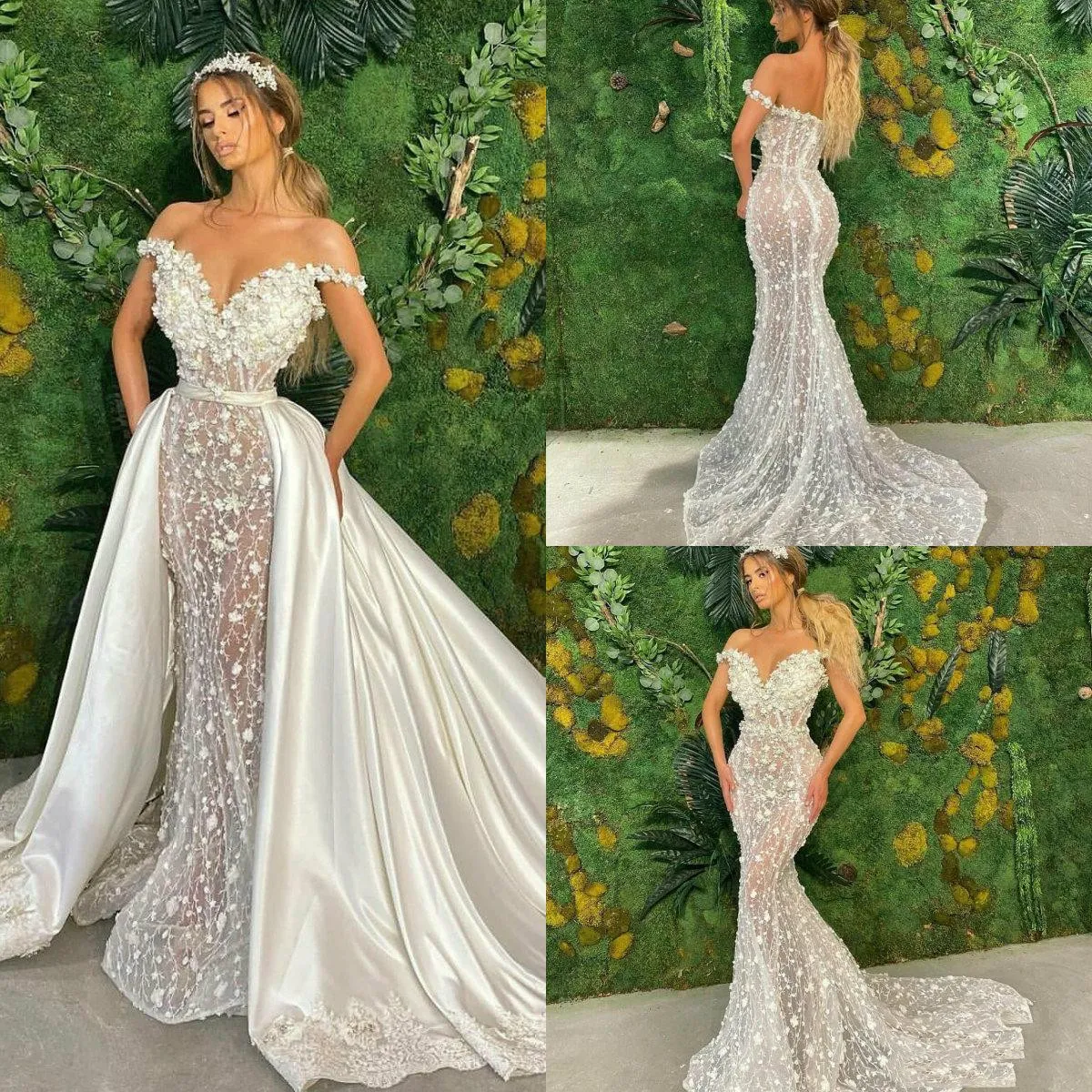 Sexy voir à travers les robes de mariée sirène avec train détachable 3D dentelle florale queue de poisson plage vacances d'été princesse robes de mariée