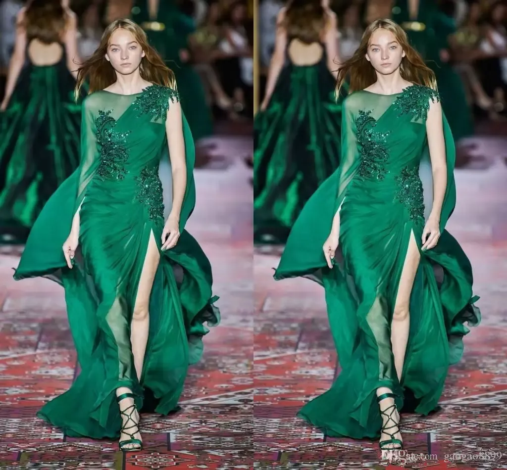 2022 Collection Robes De Soirée Vert Foncé À Manches Longues Col Ras Du Cou En Mousseline De Soie Balayage Train Occasion Formelle Robe De Soirée De Bal