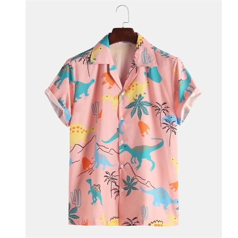 Mode Hawaiian Shirt Mens Rolig stil Dinosaur Tecknad filmtryckt Kortärmad Rosa T-shirts Män Koreanska Kläder Gratis 220322