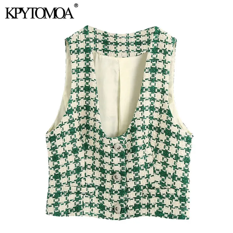 KPYTOMOA Mujeres Moda Buttonup Tweed Recortada Chalecos Abrigo Vintage Con Cuello En V Manga Larga Mujer Prendas De Vestir Exteriores Chic Tops 201031