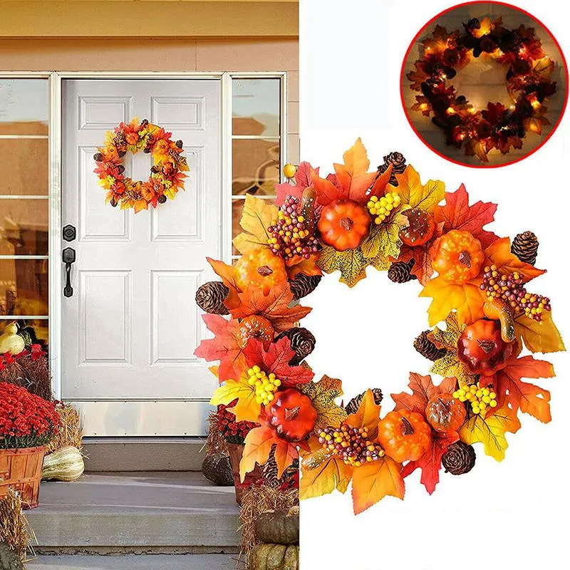 Juldekorationer Autumn Door Wreath Artificial Halloween Party Decoration Pumpkin Berries Pine Cone Maple Manmade Garland tyg rotting