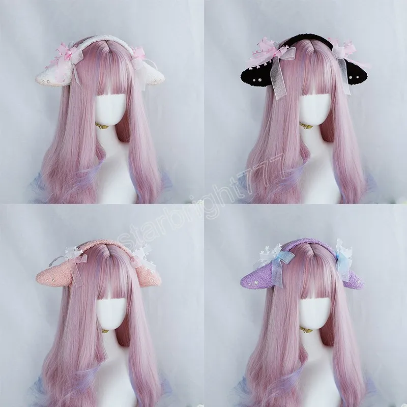 Cartoon Plush Sheep Ears Headband with Ribbon Bow Hair Hoop Kawaii Animal Headbands Headwear Hair Accessories