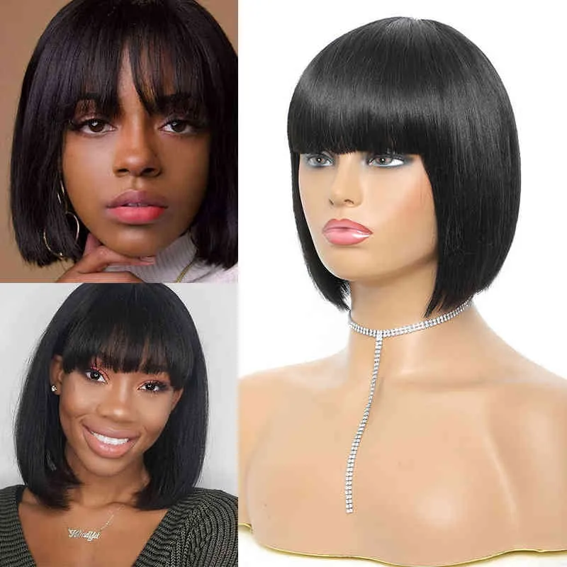 Short Bob Wig with Bangs Synthetic Wigs for Women Ombre Black Red Blonde Pink Lolita Cosplay Party Natural Hair Perruque 220622