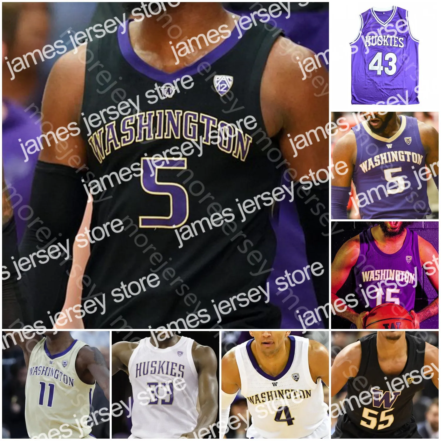 New Custom W Huskies Basketball Jersey NCAA College Isaiah Stewart Jaden McDaniels Carter Quade Green Bey Wright Fultz Murray Ross Thomas Roy