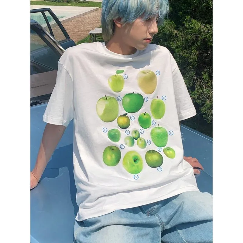 メンズTシャツメンズTシャツコットンサマーフルーツストロベリーアップルアップルショートスリーブルーズカップルホワイトラウンドネックトップTシャツ人