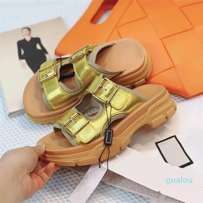 Moda-plata oro metal cuero diapositivas blanco piel de vaca plataforma de cuero sandalias de diseñador zapato de diseñador de lujo para mujer