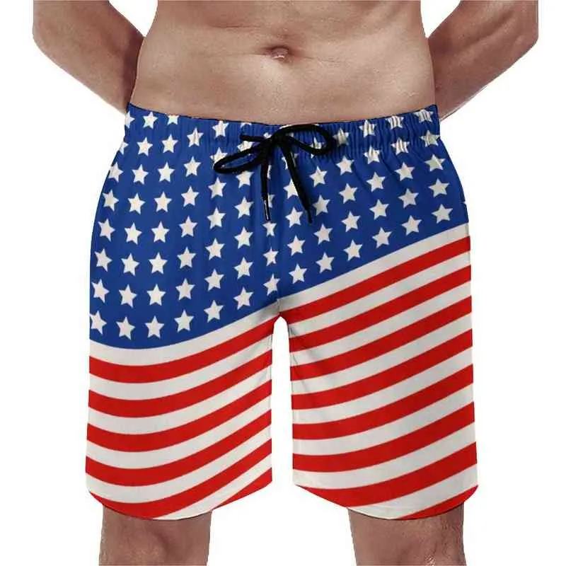 Bandeira americana Impressão Board Shorts Estrelas e listras 4 de julho Praia Calças Curtas Cintura Elástica Padrão Imprimir Troncos Y220420