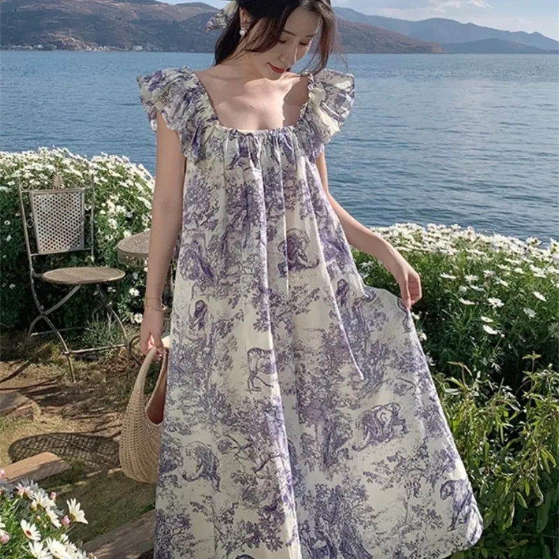 ホレトンフライングスリーブ甘い花柄のドレススクエアカラーセブレス夏の韓国韓国のゆるいドレス