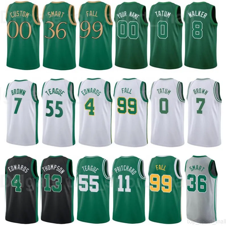 Wydrukowana koszykówka Kemba Walker Jersey 8 Jaylen Brown 7 Jayson Tatum 0 Jeff Teague 55 Marcus Smart 36 Daniel Theis dla fanów sportu kolor zielony biały czarny szary