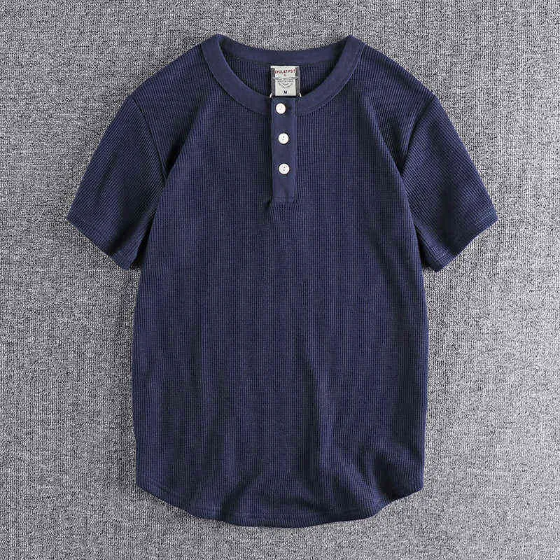 Zomer Nieuwe Amerikaanse retro waffle Henry Collar T-shirt Heren Fashion Simple Puur katoen gewassen Oude korte mouw Casual losse tops G220512