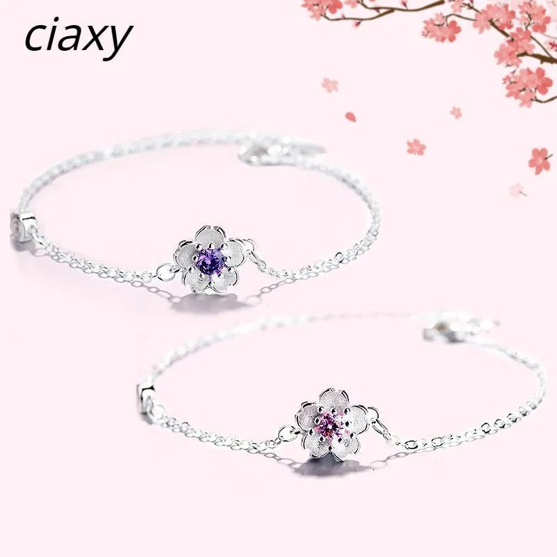 Urok Bracelets 925 Stempel Bransoletka wiśniowa z różowym fioletowym kryształem dla kobiet kwiat elegancki słodki srebrny kolor biżuterii lars22