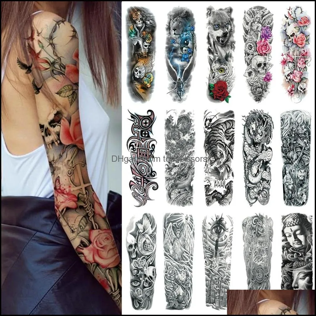 Waterproof Temporary Tattoo Sticker Full Arm Large Skull Old School Tattoo Stickers Flash Fake Tattoos For Men Women #288345