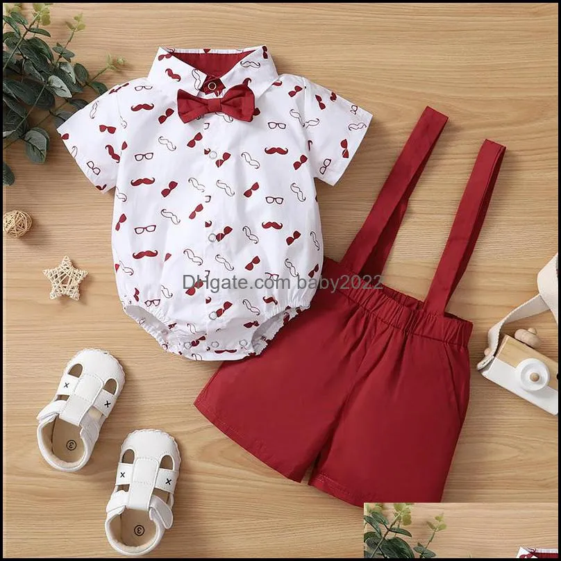 kids clothing sets boys outfits infant toddler mustache beard print tops+strap shorts 2pcs/set summer fashion boutique baby clothes