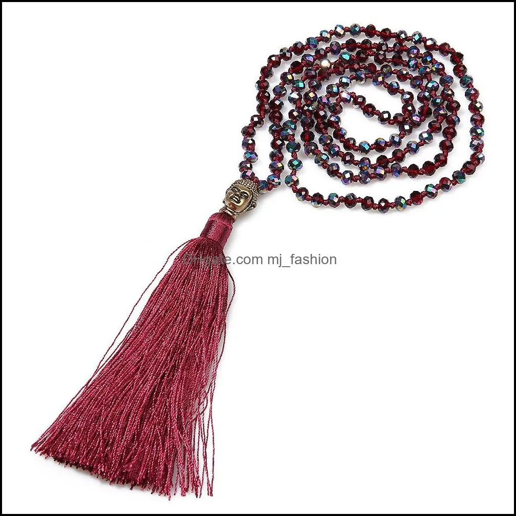 long tassel neon necklace ancient silver alloy buddha head pendant faceted glass crystal necklace knot women jewelry gifts