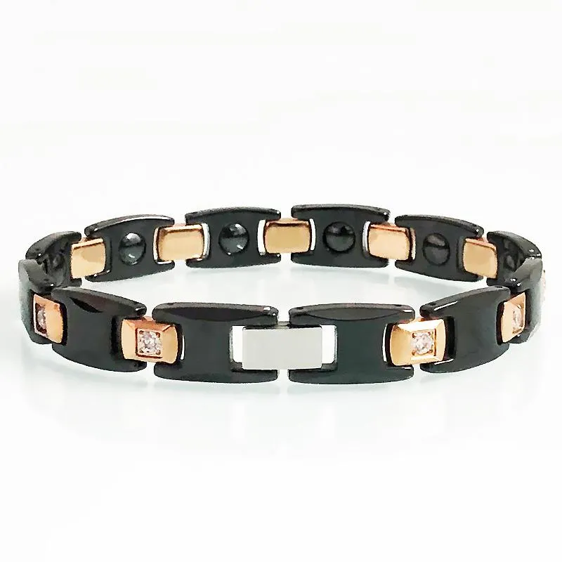 Chaîne à maillons Couple Bracelet en céramique noire Bracelet magnétique pour femmes Bracelet en cristal d'or rose incrusté de bijoux pour hommes Homme Amant de brassard