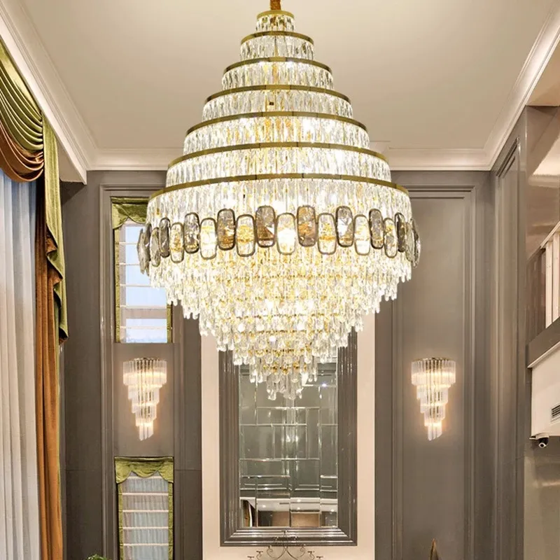 Luxury crystal chandelier lighting modern living room hanging lamp large gold staircase led light fixture house decor chain lamp