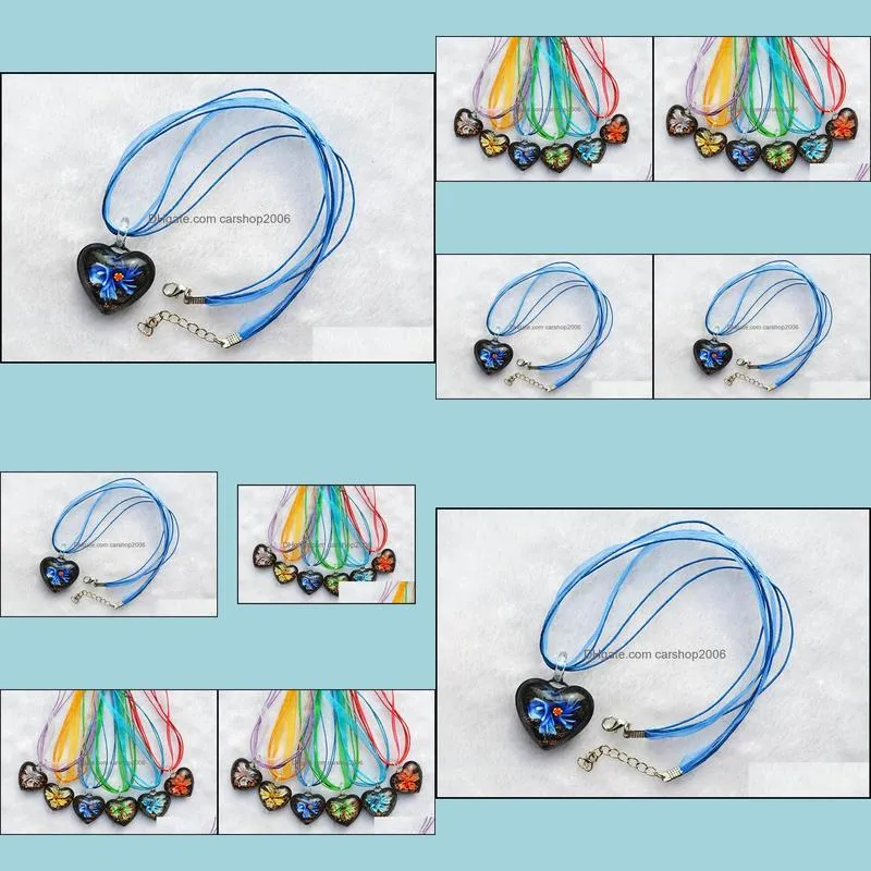 fashion heart 6 colors lampwork glass pendants inner flower murano necklace party jewelry women