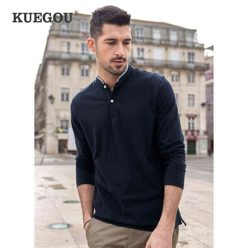 KUEGOU 2022 Frühling 100% Baumwolle Plain Weiß Tasten T Shirt Männer T-shirt Marke T-shirt Langarm T Hemd Männlich Plus größe 88054 T220808